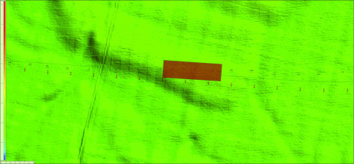 Fig. 12. Model digital de elevație, cu indicarea traseului viitoarei variante ocolitoare Arad-Est, a secțiunilor arheologice întreprinse și a sitului VLD012.