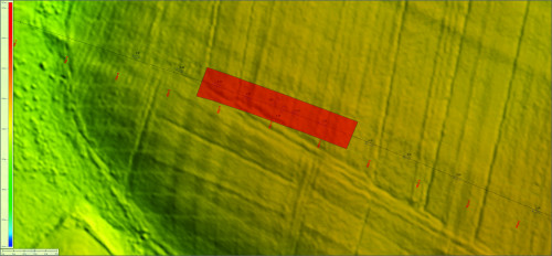 Fig. 5. Model digital de elevație, cu indicarea traseului viitoarei variante ocolitoare Arad-Est, a secțiunilor arheologice întreprinse și a sitului AR051.