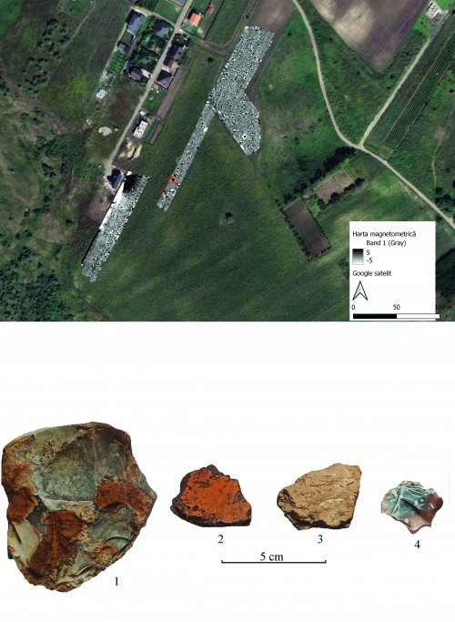 Pl. II. Rezultatele cercetărilor de diagnostic arheologic: A. Scanarea magnetometrică a unei porțiuni din situl preistoric din partea de sud-vest a platoului Mârzești (încercuite cu roșu sunt anomalile magnetice cu potential arheologic), B. Materiale arheologice descoperite în timpul perieghezelor (1- silex, 2-3, ceramică din situl preistoric din partea de sud-vest a platoului Mârzești, 4 – așchie de silex din situl prehistoric din nordul Platoului Mârzești).