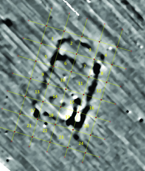 Fig. 1 Planul geomagnetic al Clădirii 1 și strategia de cercetare arheologică.