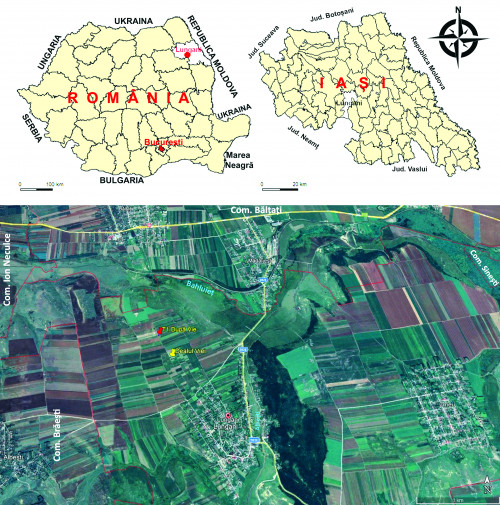 Fig. 1. Localizarea comunei/localității Lungani în context național, județean și local (suporturi cartografice gadm.org și Google Earth; prelucrare grafică D. Boghian). 