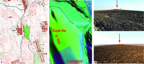 Fig. 2. Lungani. 1. Localizarea tumulilor cercetați arheologic în zona comunei (1. Lungani-După Vie; 2. Crucea-Lutărie/E de sat); 2. Localizare T1 Lungani-După Vie pe harta LiDAR; 3. Vederi de ansamblu ale tumulului T1 Lungani-După Vie (1. Dinspre nord; 2. Dinspre sud); (suporturi cartografice Harți topo 1984-1985; Agenția Bazinală Bârlad-Prut; foto D. Boghian, S. C. Enea; prelucrare grafică D. Boghian). 