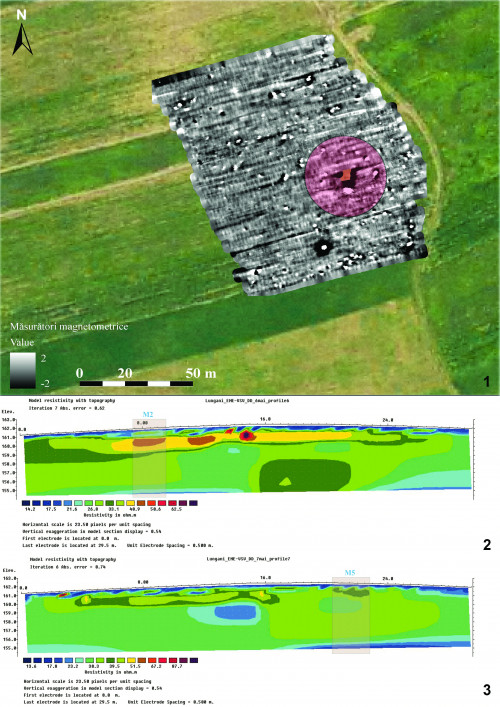 Fig. 8. Lungani-După Vie. 1. Scanarea magnetometrică a tumulului T1; 2-3. Profilele de rezistivitate electrică cu evidențierea unor morminte (prelucrare grafică A. Asăndulesei, Casandra Brașoveanu).