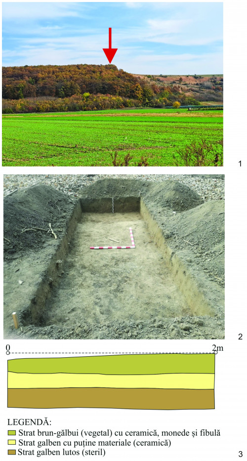 Pl. 1. Detalii privind diagnosticul arheologic de la Morunglav, jud. Olt: 1. locul de descopeire; 2. sondajul arheologic; 3. stratigrafia.