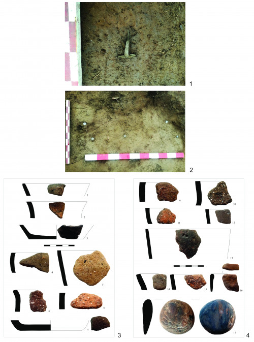 Pl. 2. Materiale descoperite: 1. fibulă in situ; 2. monede in situ; 3-4. ceramică și utilaj litic.